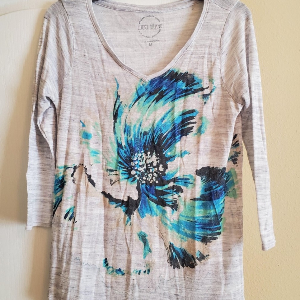 #229 Lucky Gray w/Blue Flower Sweater Size Medium